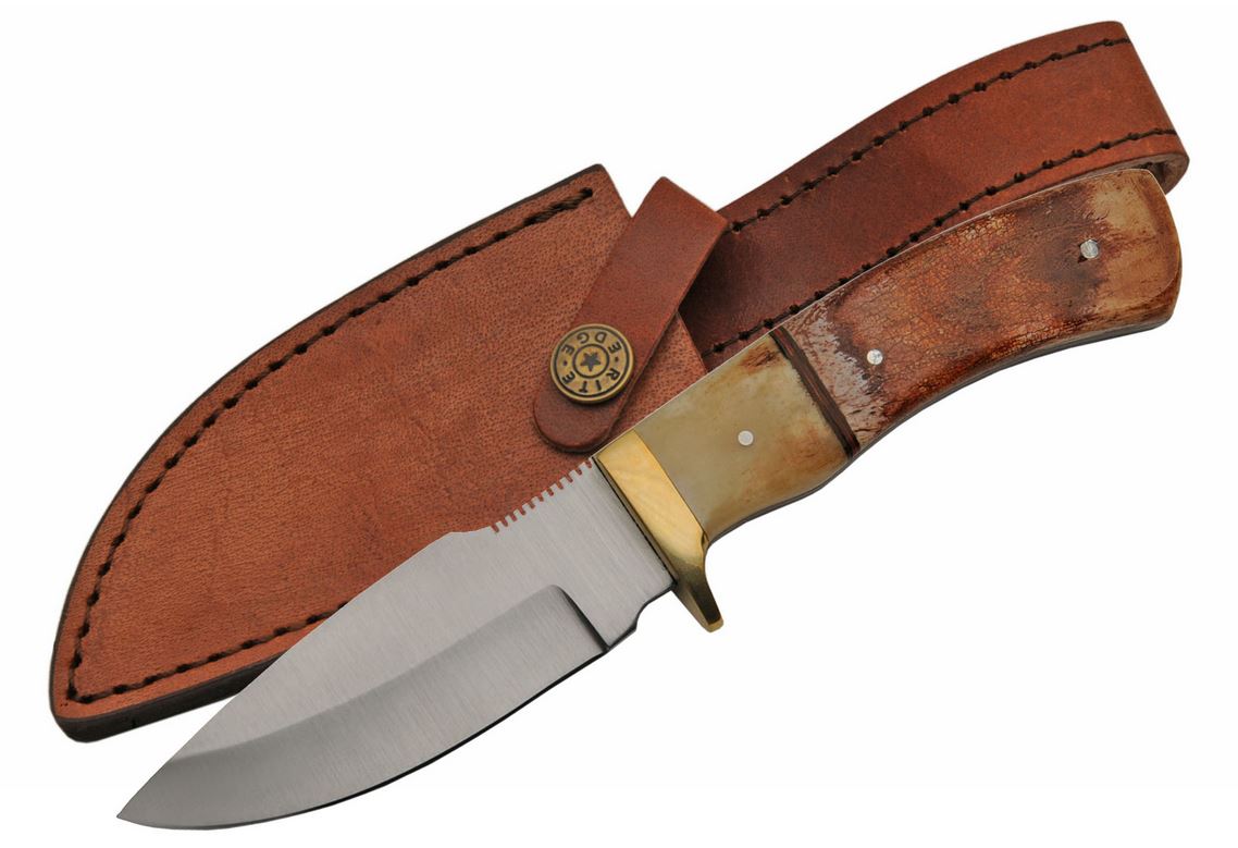 Hunting Knife Fixed Blade Burned Bone Wood Handle Sharp Blade Brass w/ Sheath