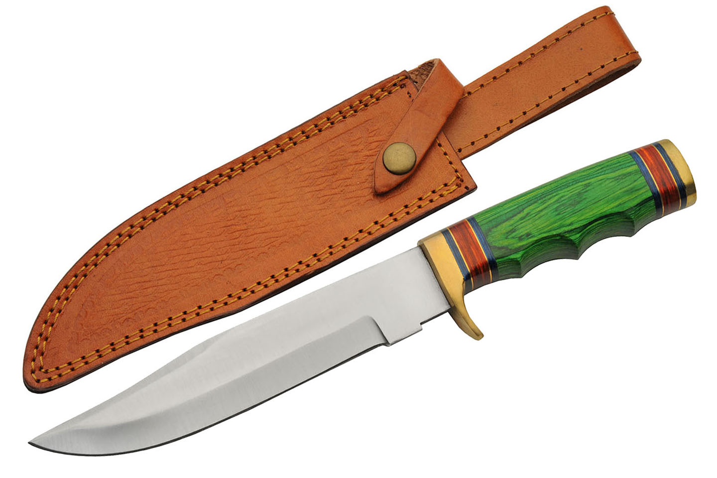 Hunting Knife Stainless Steel Drop Point Blade Brass Green Wood Handle + Sheath