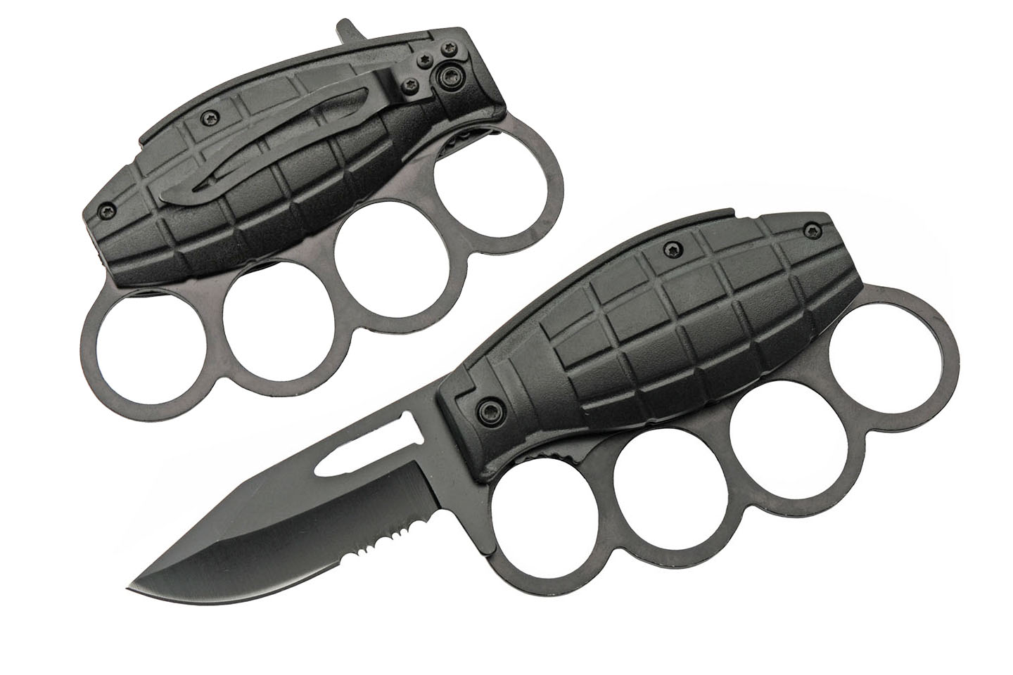 Spring-Assisted Folding Knife | Black Grenade Knuckle Guard Serrated Blade