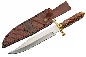Bowie Knife | Stainless Steel Blade Brass Studded Wood Handle + Leather Sheath