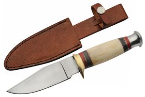 Hunting Knife | 5in. Stainless Steel Blade Bone/Wood Handle + Leather Sheath