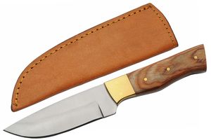 Hunting Knife 4in. Blade Full Tang Brass Brown Wood Handle + Leather Sheath