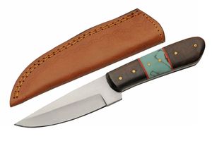 Hunting Knife Stainless Drop Point Blade Wood Turquoise Handle + Leather Sheath