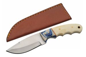 Hunting Knife | 4in. Drop Point Blade Bone Blue Resin Handle + Leather Sheath