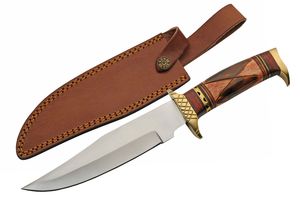 Hunting Knife Stainless Blade Brass/Bone/Wood Handle 12.5In Overall + Sheath