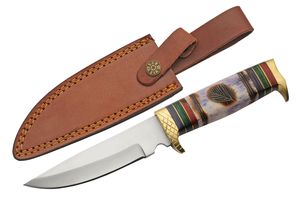 Hunting Knife | Stainless Steel Drop Point Blade Bone Brass Wood Handle + Sheath