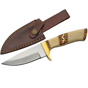 Hunting Knife Stainless Blade Drop Blade Bone/Brass Handle Leather Sheath | 9in.
