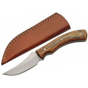 Compact Hunting Knife Stainless Clip Blade Brown Wood Handle + Leather Sheath