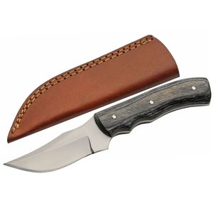 Compact Hunting Knife Stainless Clip Blade Gray Wood Handle + Leather Sheath