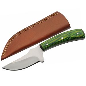 Compact Hunting Knife Stainless Steel Blade Green Wood Handle + Leather Sheath