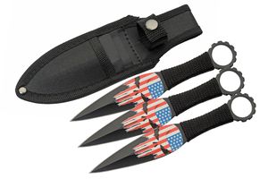 Throwing Knife Set | 3 Pc. USA Flag Skull Stainless Steel Blade + Nylon Sheath