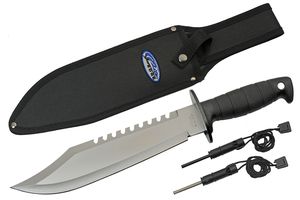 Survival Knife Clip Point Blade Rubber Handle + Sheath, Flint, Sharpener