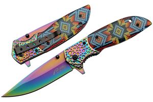 Folding Knife | Rainbow Steel Blade Tribal Native American Handle Design EDC