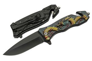 Spring-Assist Folding Knife | Rite Edge Black Blade Gold Dragon Pocket Rescue
