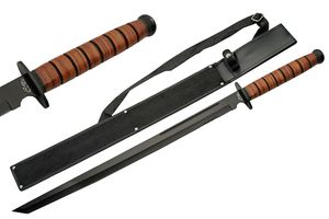 Tactical Combat Sword 27.5in. Black Tanto Blade Stacked Leather Handle + Sheath