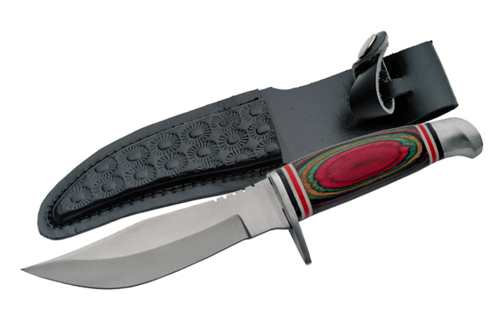 8.5in. Small Tiger Skinner Hunting Knife With Colored Handle And Leather Sheath