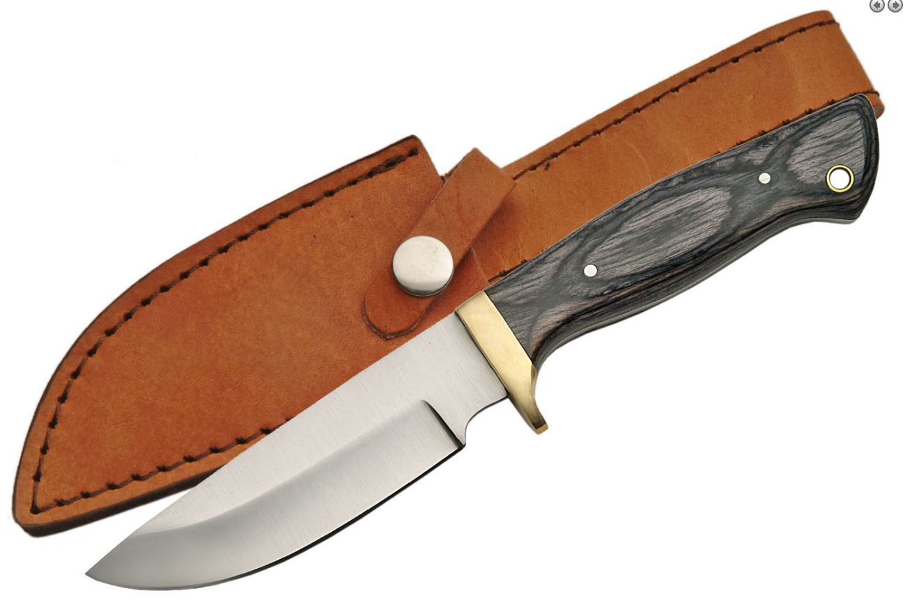 Hunting Knife 8.75in. Full Tang Gray Wood Skinner Blade + Leather Sheath