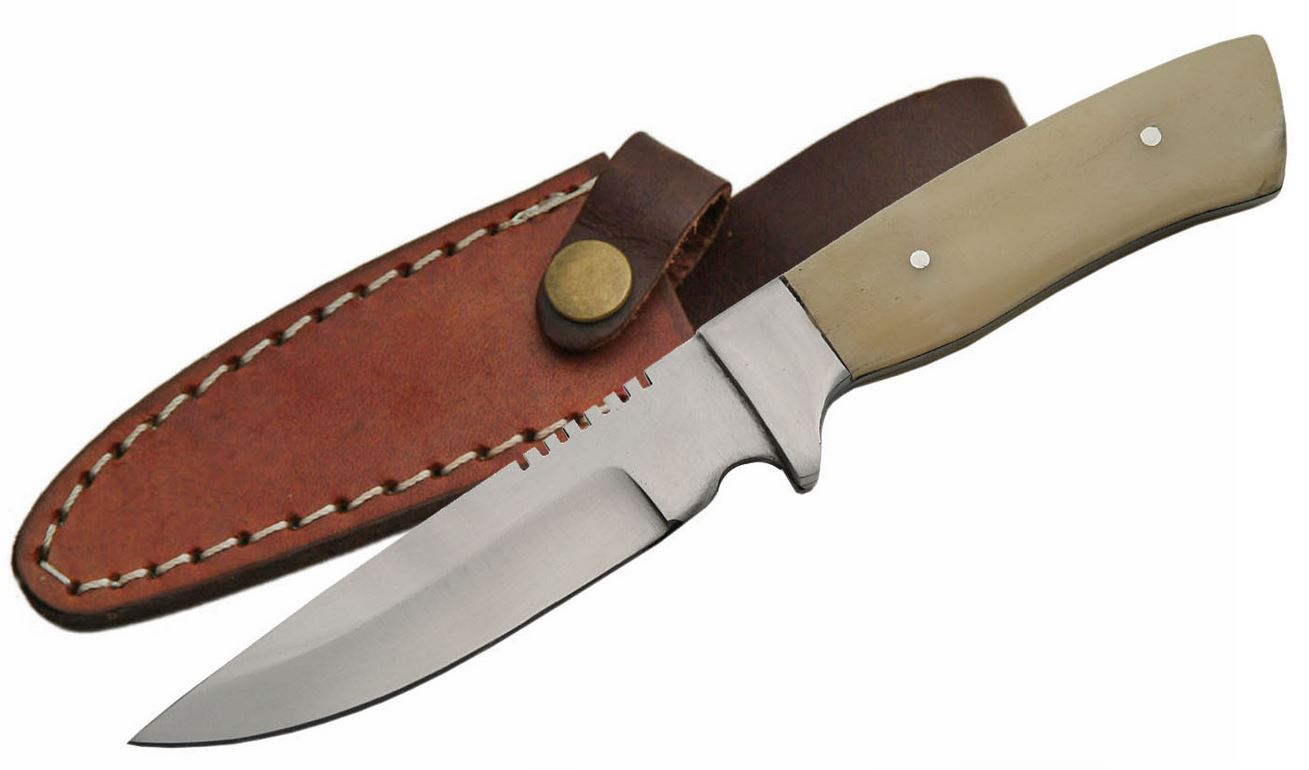 Fixed-Blade Hunting Knife 7in Full Tang White Bone Handle Skinner Blade + Sheath