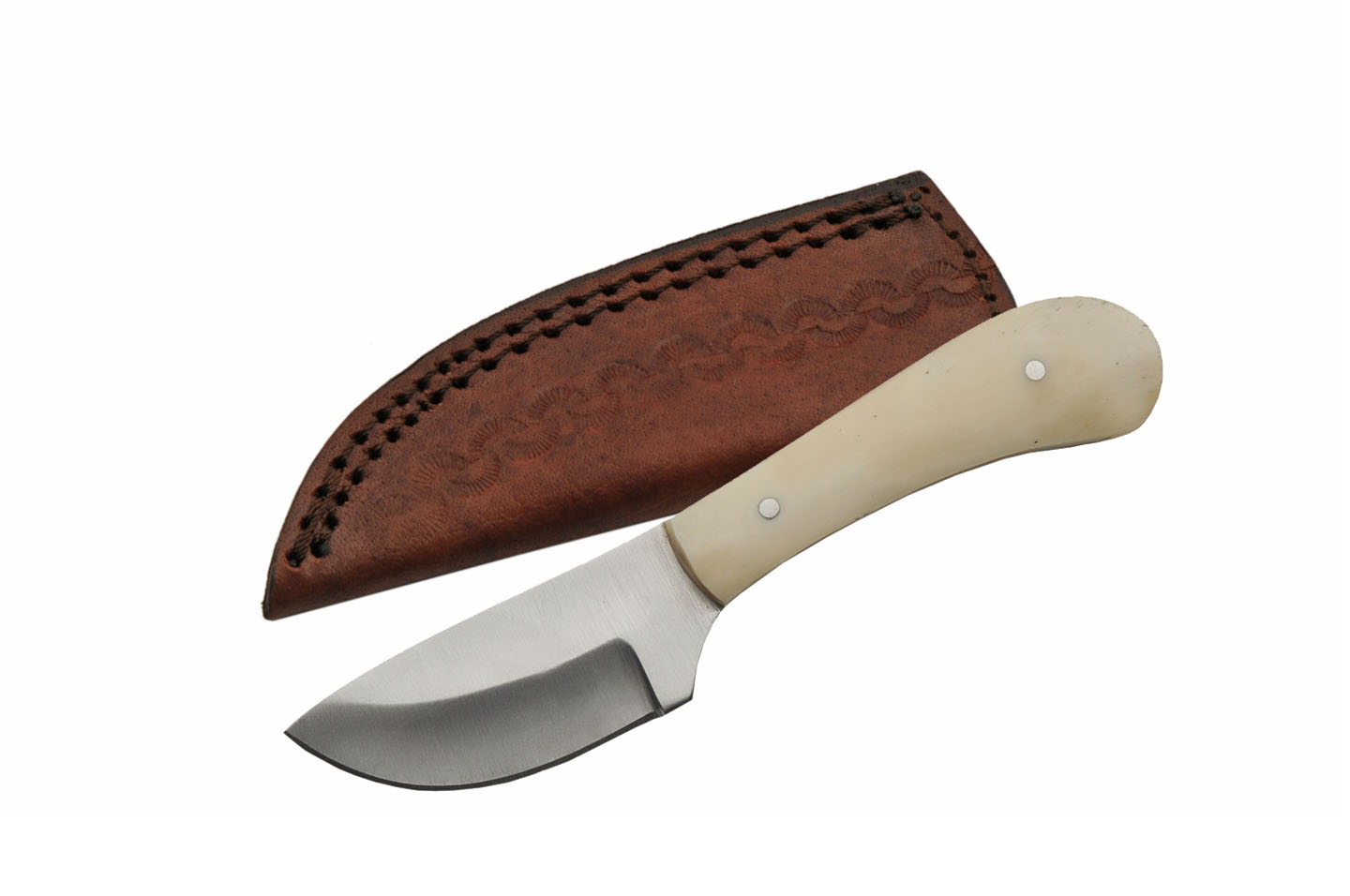 Hunting Knife 2.5in. Blade White Bone Handle Full Tang Skinner + Leather Sheath