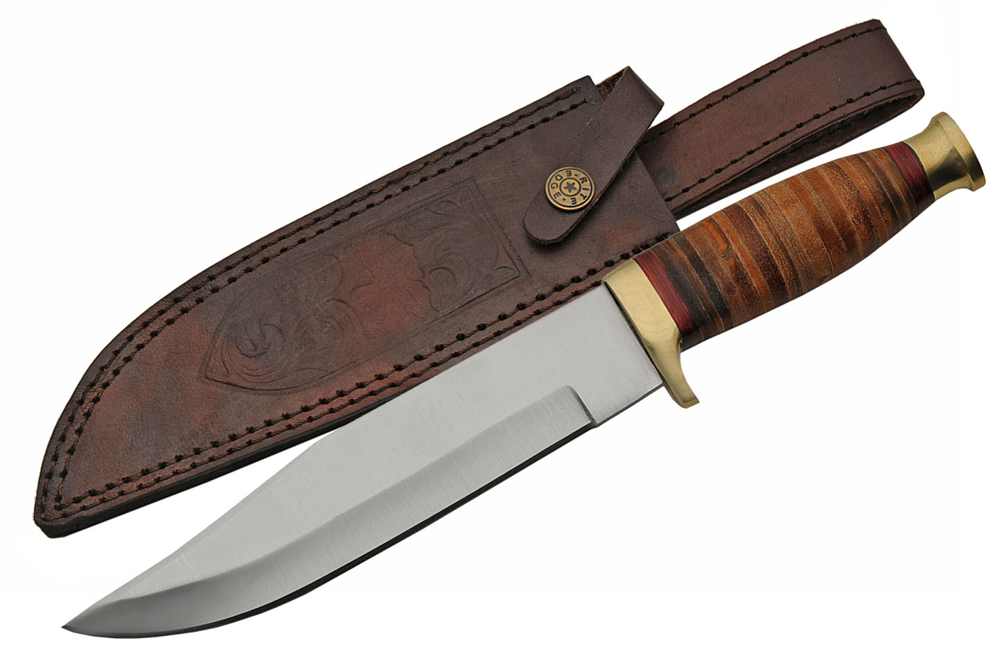 Bowie Knife Classic 12in. Overall Stacked Leather Handle Silver Blade + Sheath