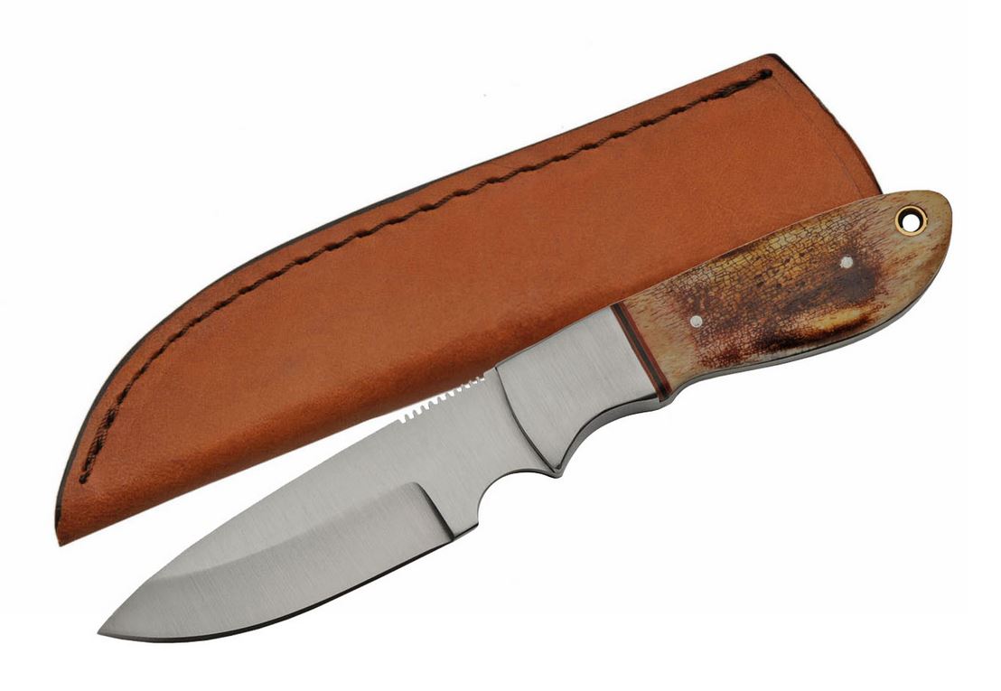 Hunting Knife Rite Edge 4in Blade Bone Handle Full Tang Skinner + Leather Sheath