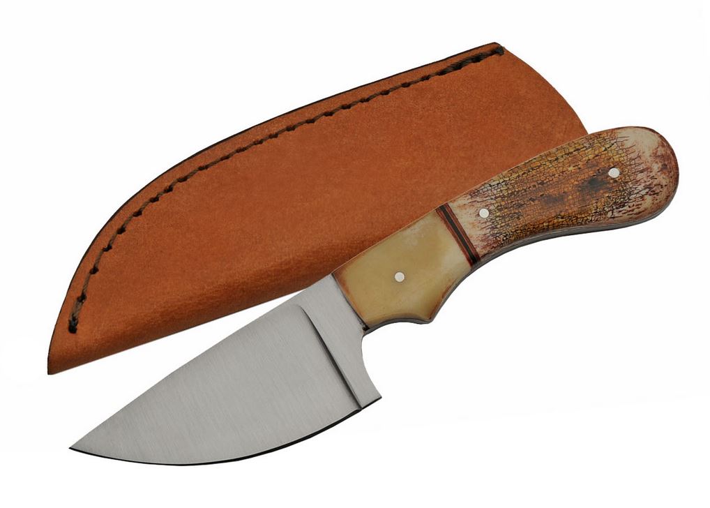 Hunting Knife Rite Edge 3in Blade Bone Handle Full Tang Skinner + Leather Sheath