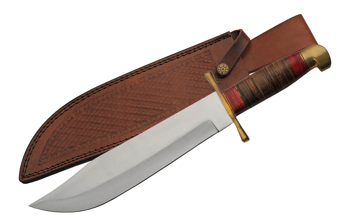 Bowie Knife 17in. Overall Leather Handle Stainless Blade Brass Guard + Sheath