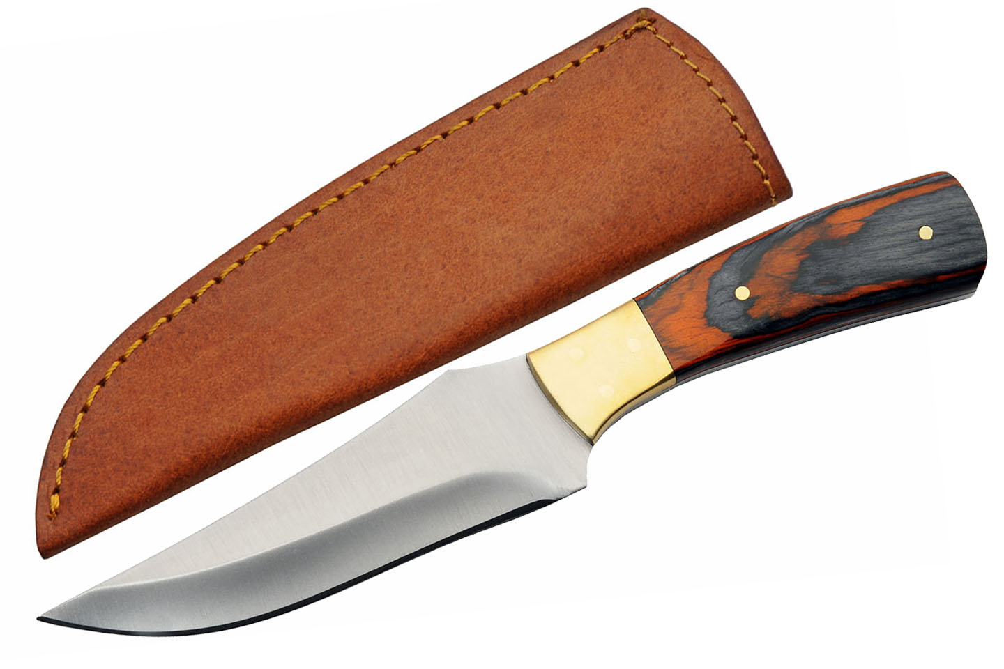 Hunting Knife 4.25in. Blade Full Tang Brass Gray Brown Wood Handle + Sheath
