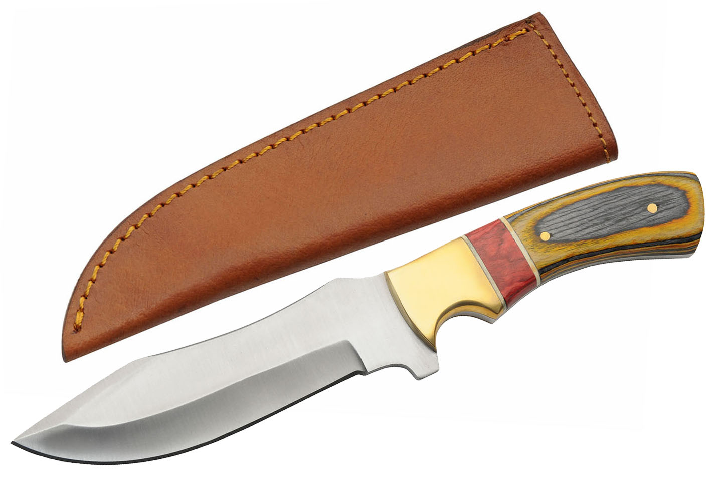 Hunting Knife Stainless Steel Drop Point Blade Brass Wood Handle Green White