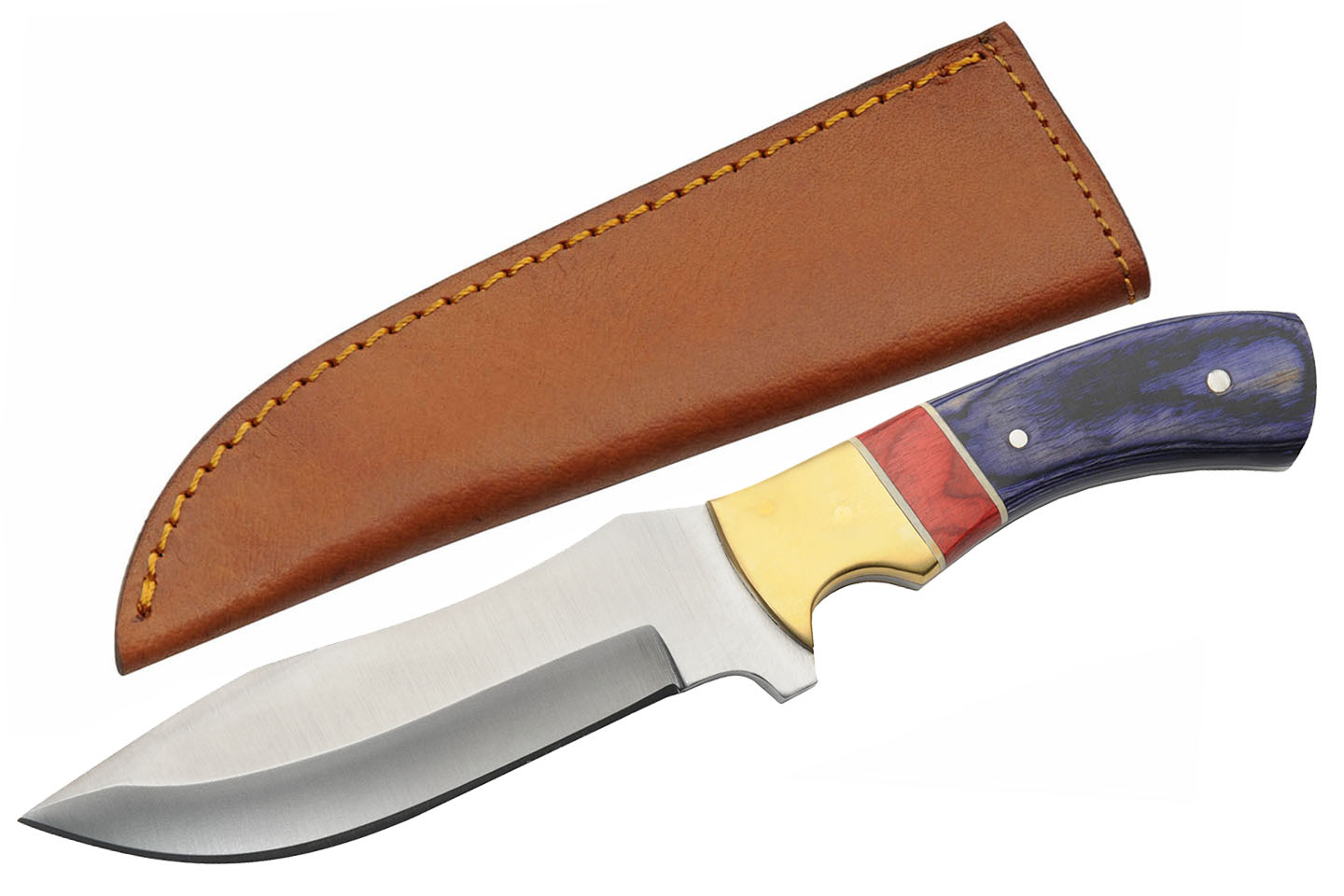 Hunting Knife | Drop Point Blade Brass Blue/Red Wood Handle + Leather Sheath