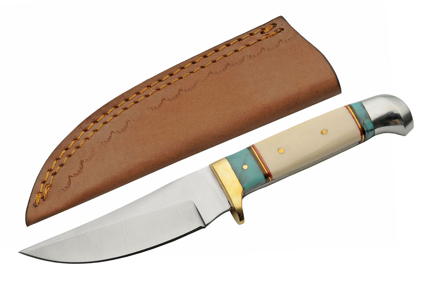 Hunting Knife | Stainless Steel Upswept Blade Bone Brass Stone Handle + Sheath