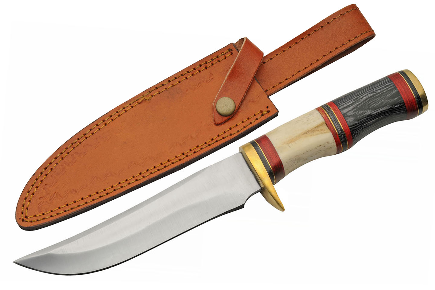 Hunting Knife Stainless Steel Blade Bone Brass Gray Wood Handle + Leather Sheath