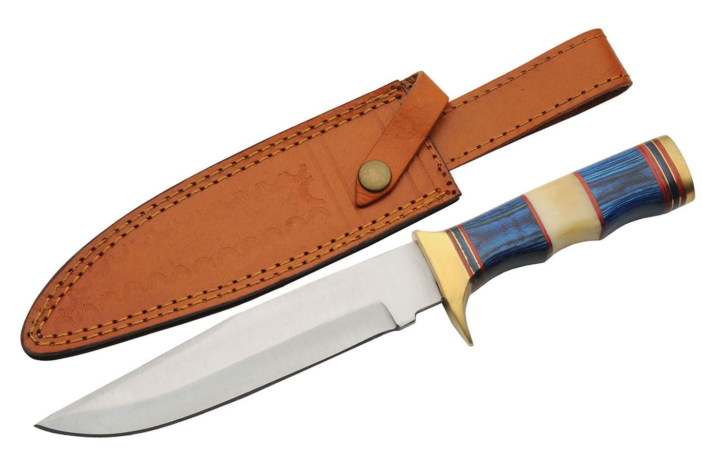 Hunting Knife 7.25In Steel Blade Bone Brass Blue Wood Handle + Leather Sheath