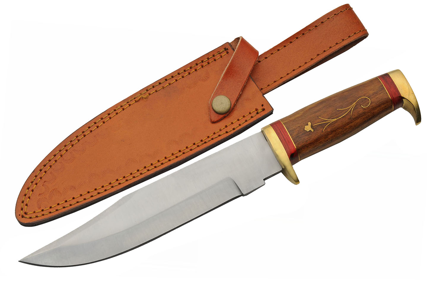 Hunting Knife Steel 7.25in. Blade Brass Flower Red Wood Handle + Leather Sheath
