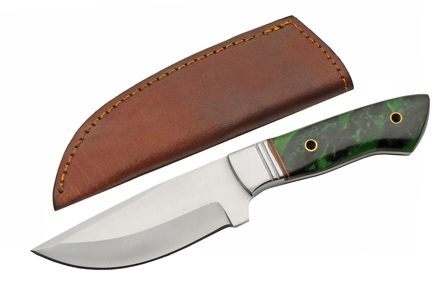 Hunting Knife 4.5in. Blade Green Resin Handle Full Tang Skinner + Leather Sheath