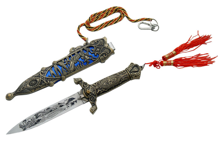 10.5in. Ornate Blue Mana Monastery Guard Fantasy Dagger Knife
