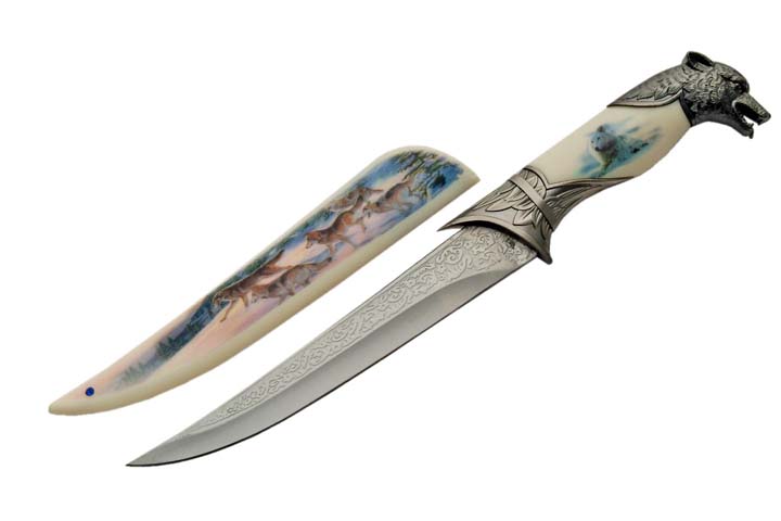 Fixed-Blade Decorative Knife Wolf Pack 13.5in. Display Bowie Silver Blade
