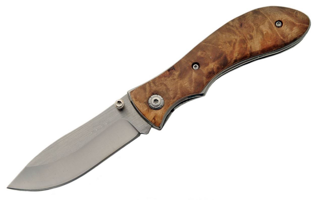 Folding Pocket Knife 4in. Closed Stainless Steel Blade Burl Wood Lockback EDC
