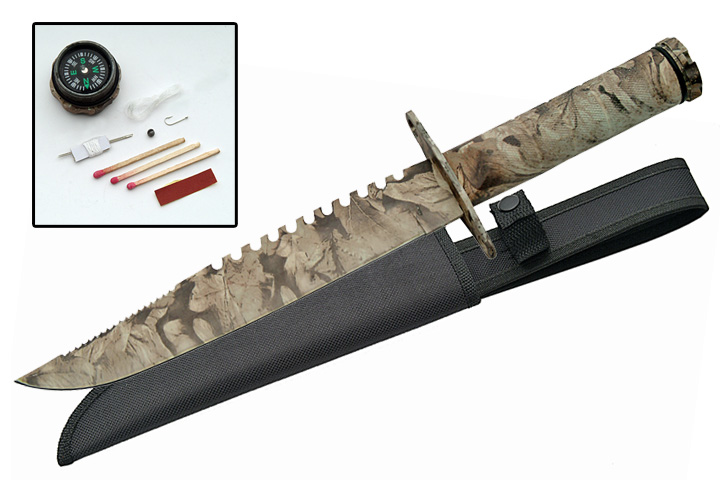 14.5in. Brown Fall Camo Survival Knife w/ Kit And Sheath