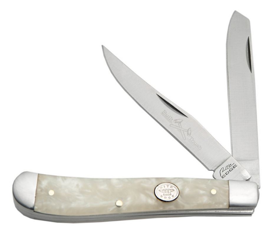 Folding Pocket Knife Rite Edge 3.75in. White Pearl Large Classic Trapper 2 Blade