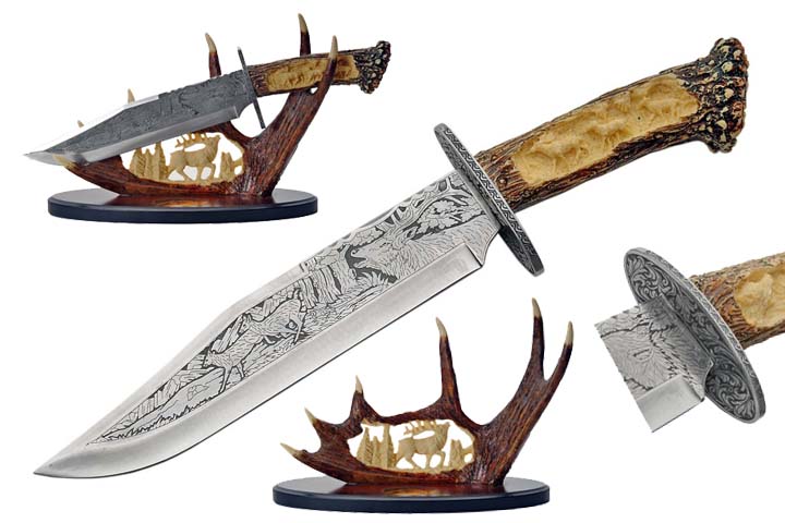15in. Deer Bowie Knife With Antler Display Father's Day Gift Hunter Collection