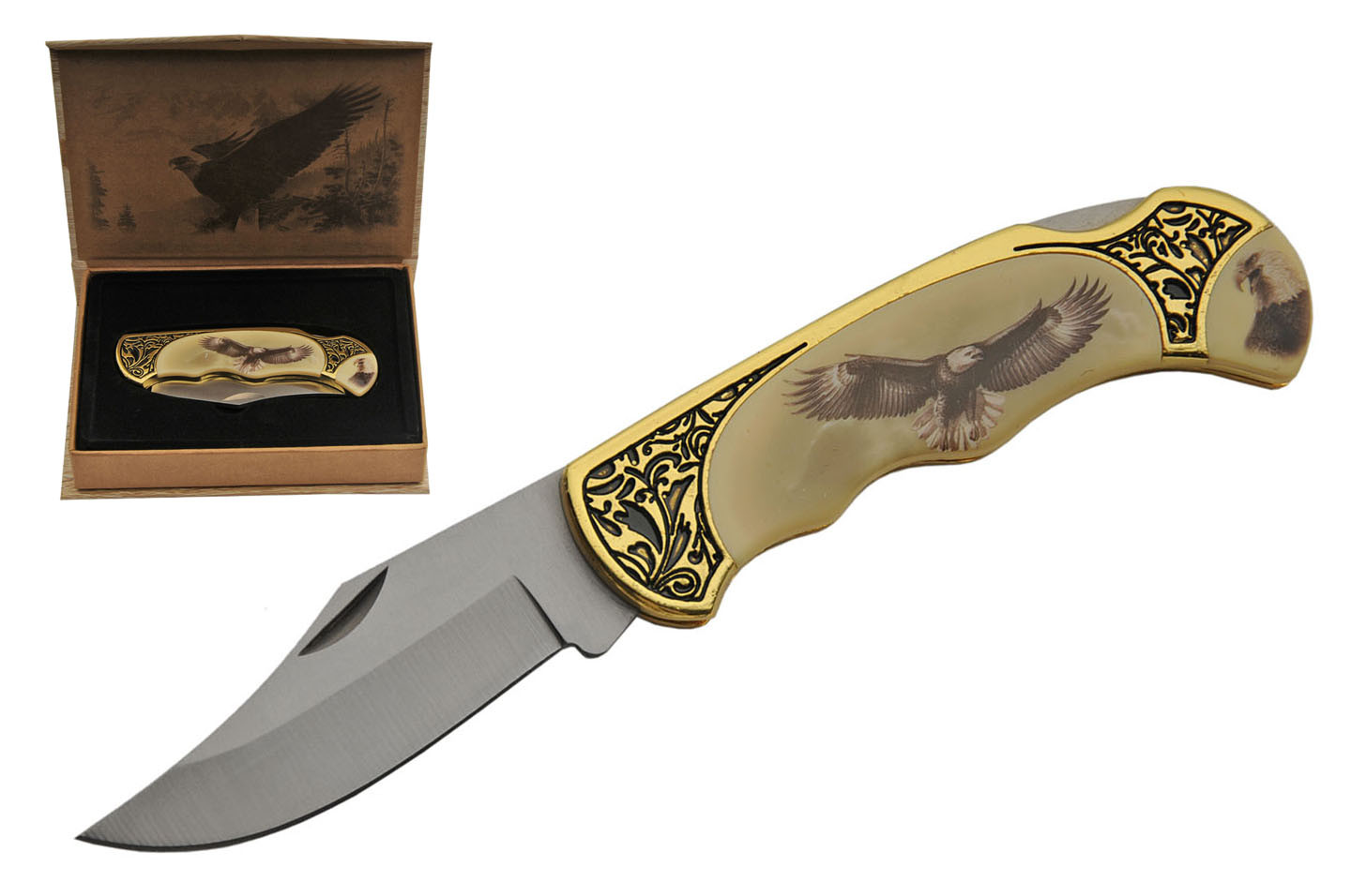 Folding Pocket Knife Stainless Blade 4.75in. Eagle Wooden Gift Display Box