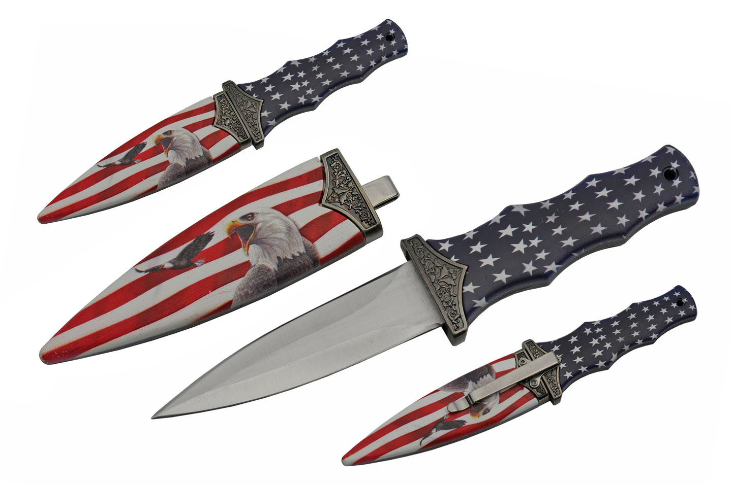 Dagger 3.5in Double Edge Blade USA American Flag Bald Eagle Boot Knife With Clip