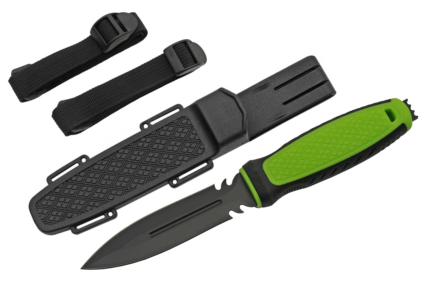 Dive Knife 9.25in. Overall Black Blade Double Edge Green + Sheath, Leg Straps