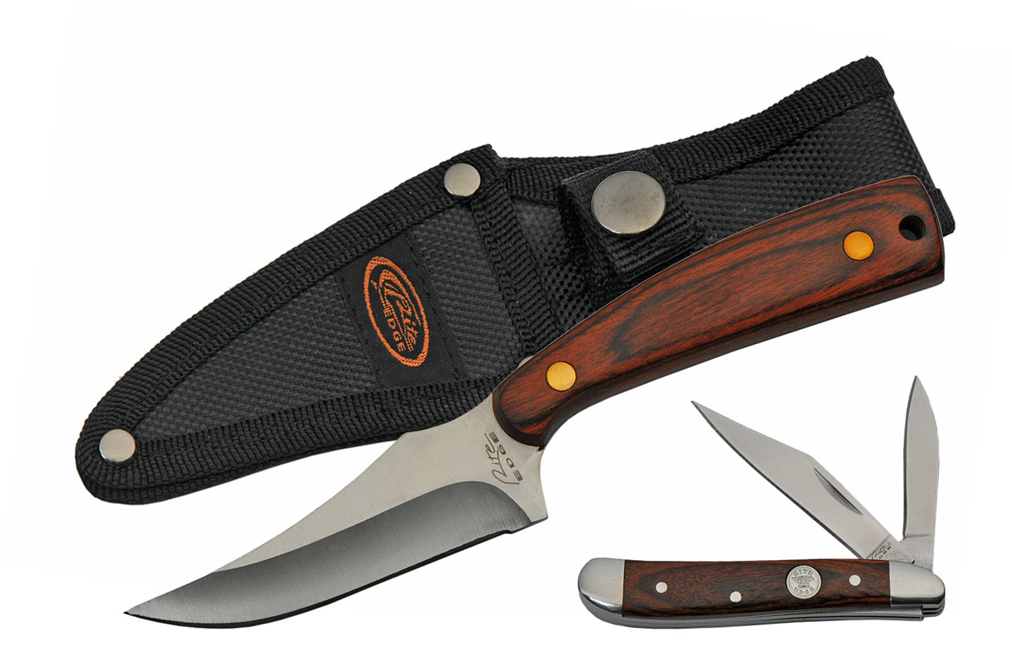 Skinning Knife & Folding Knife Hunter Gift Set Brown Wood Handle Stainless Steel