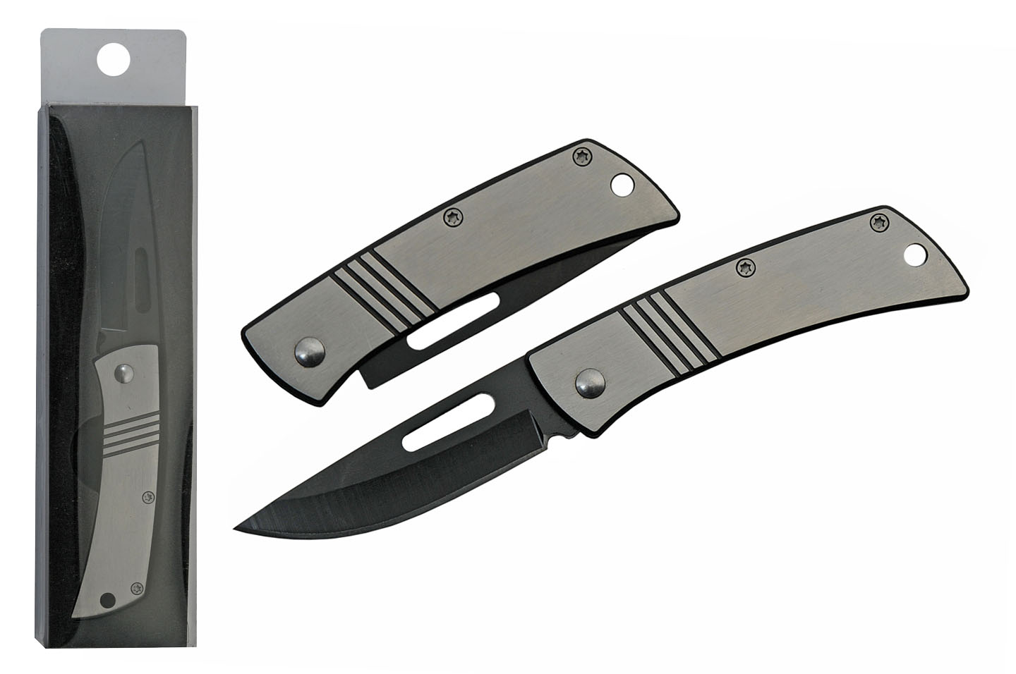 Folding Knife 2.5in. Black Blade Silver Stainless Steel Handle Slim Mini EDC