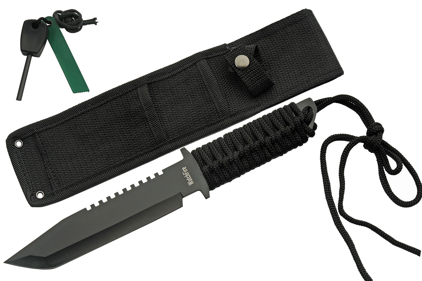 Survival Knife Stainless Steel Tanto Blade Cord Handle + Sheath + Fire Starter