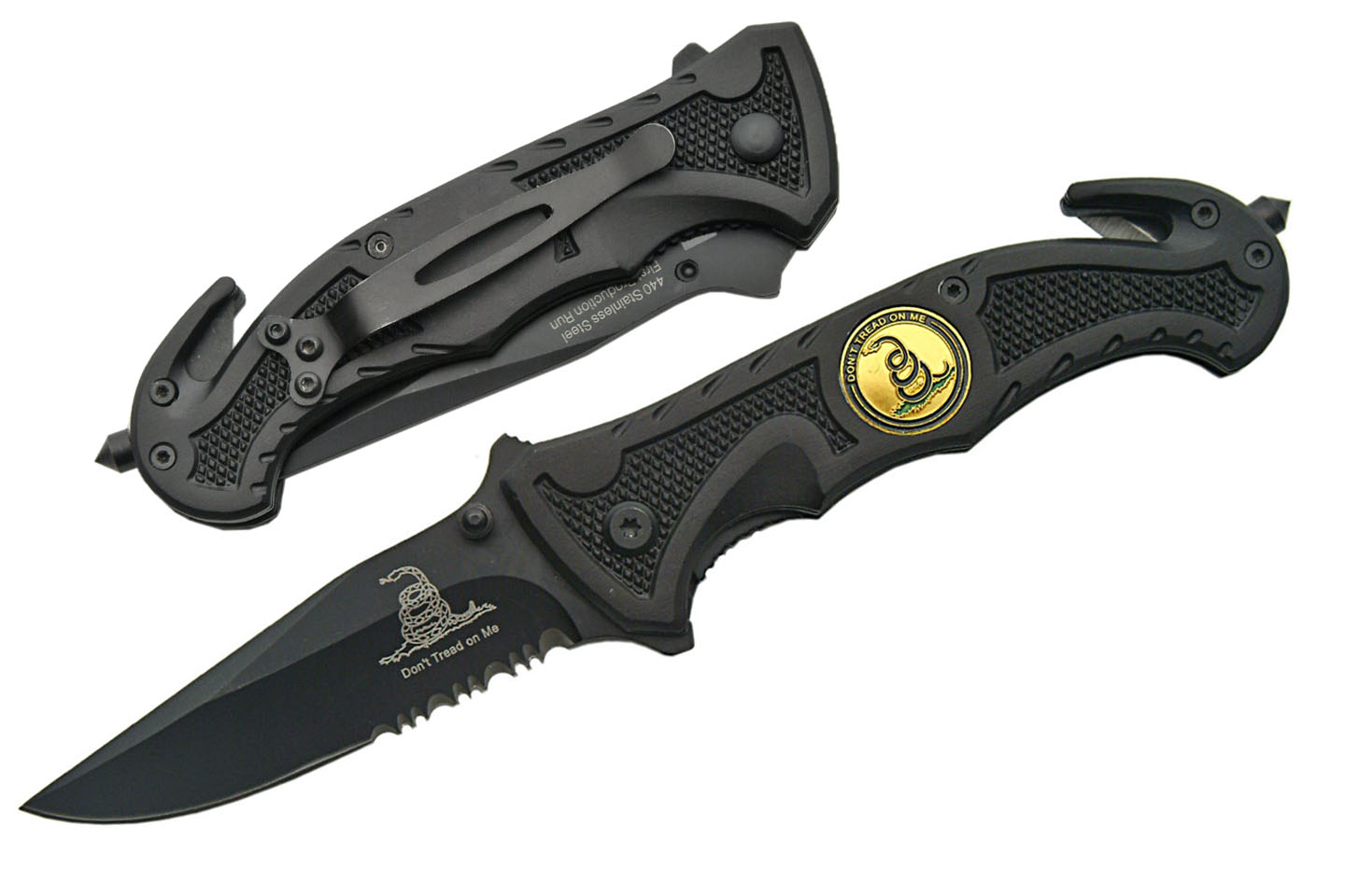 Spring-Assist Folding Knife 'Dont Tread On Me' Black Serrated Blade Rescue EDC