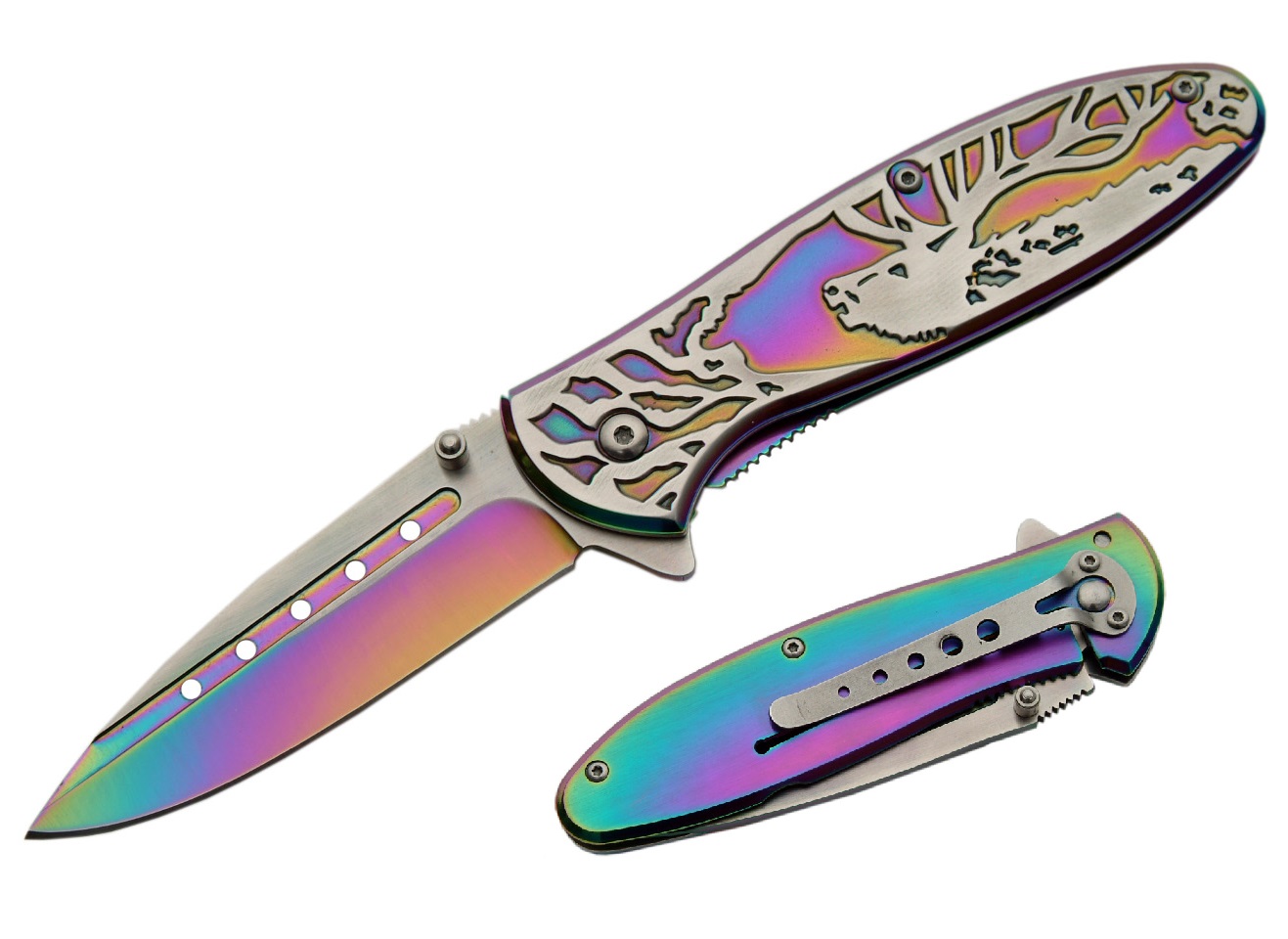 Spring-Assist Folding Knife Rainbow Deer Embossed Titanium Oxide Blade/Handle