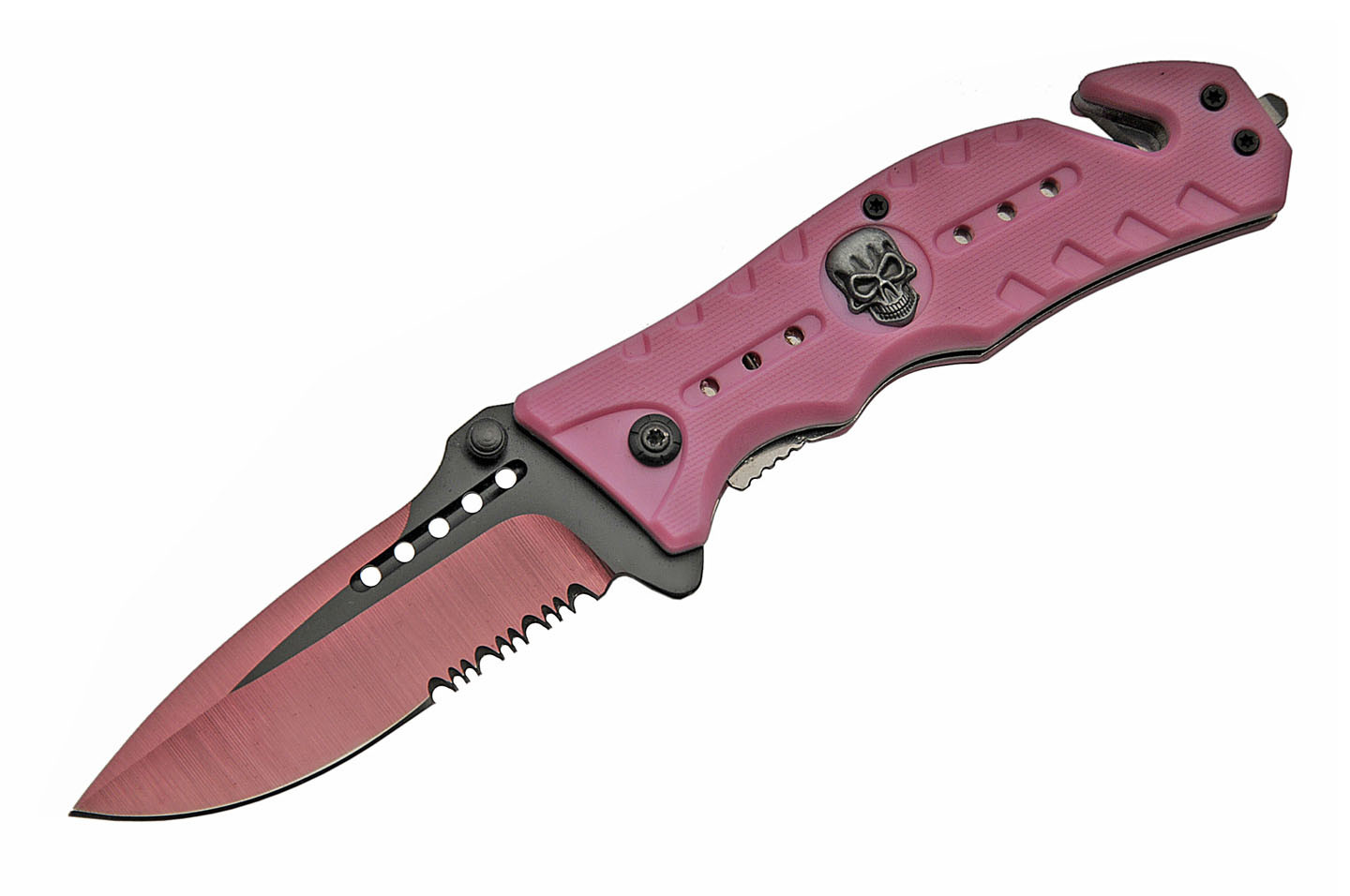 USA SELLER USA STOCK 8 Thumb Open Spring Assisted SKULL HEAD Aluminum Pink/Black  Handle Pocket Knife